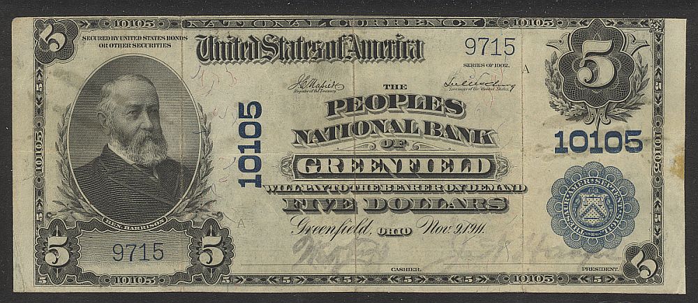 Greenfield, Ohio, 1902PB $5, Charter #10105, The Peoples National Bank, 9715